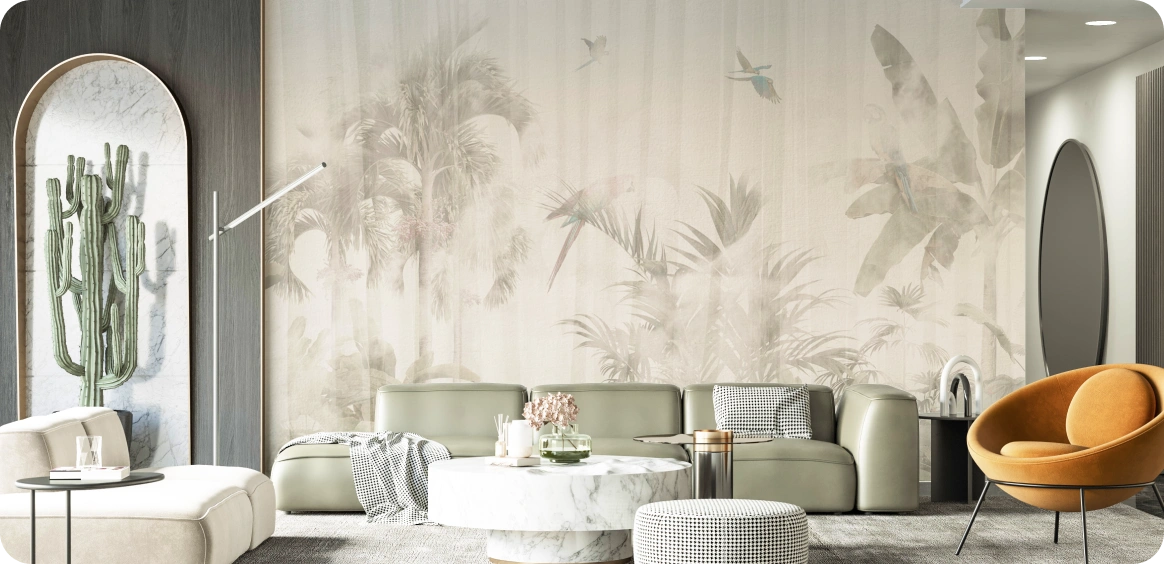 Leaf beige with yellow wallpaper at living room